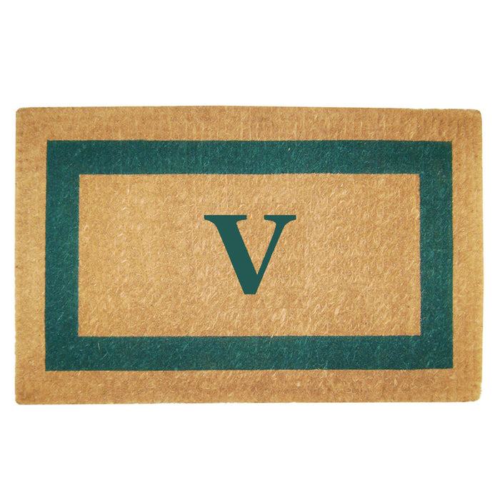 Heavy Duty Coir Door Mat Single Picture Frame, Monogram V - Green 22" x 36"