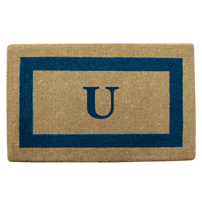 Heavy Duty Coir Door Mat Single Picture Frame, Monogram U - Blue 22" x 36"