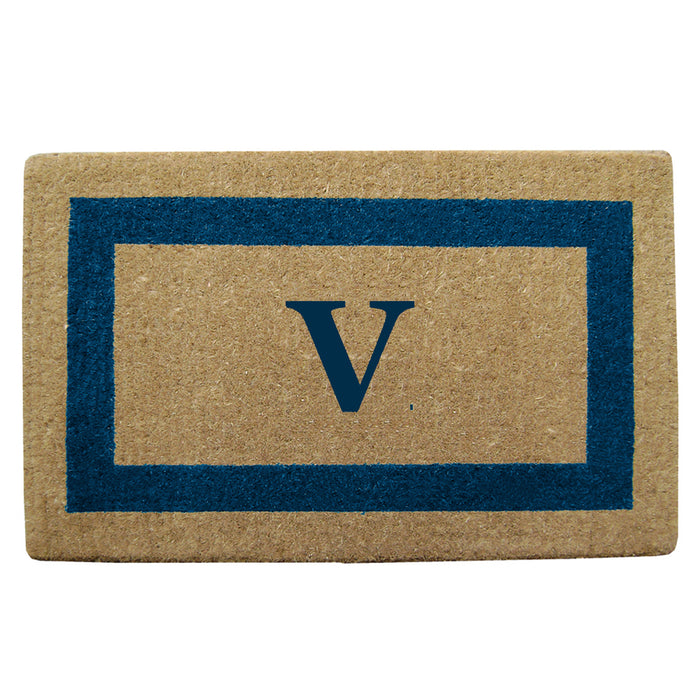 Heavy Duty Coir Door Mat Single Picture Frame, Monogram V - Blue 22" x 36"