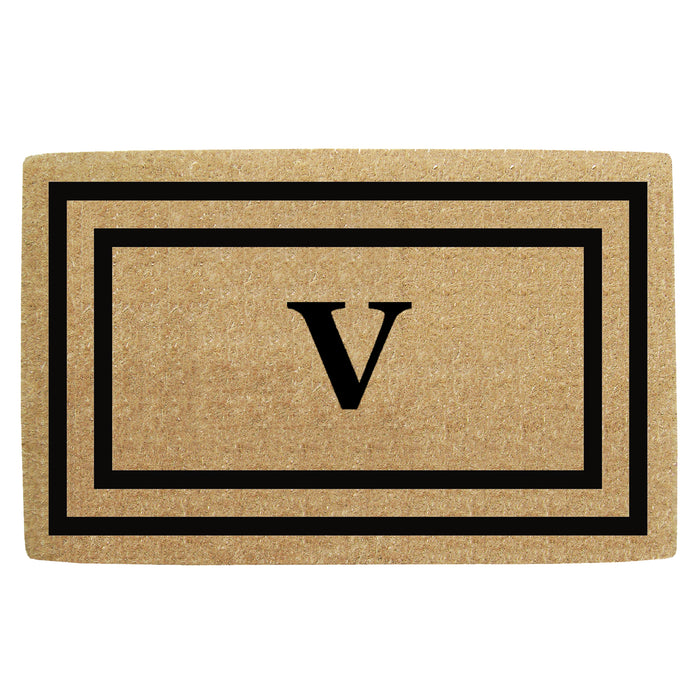 Heavy Duty Coir Door Mat Thin Double Picture Frame, Monogram V - Black 22" x 36"