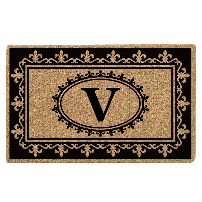 Heavy Duty Coir Door Mat Fleur de Lys, Monogram V - 22" x 36"